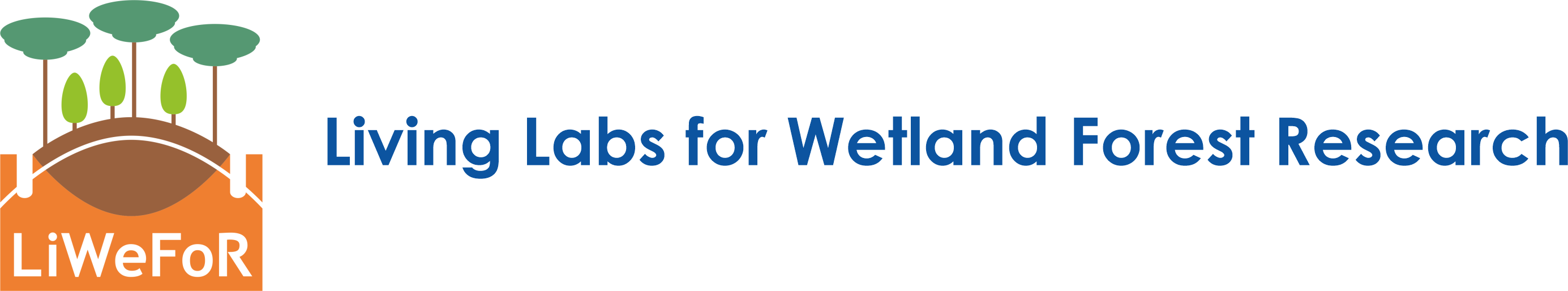 LiWeFor logo for Living Labs for Wetland Forest Research, featuring stylized wetland forest vegetation above an orange and brown landscape graphic alongside the project title.